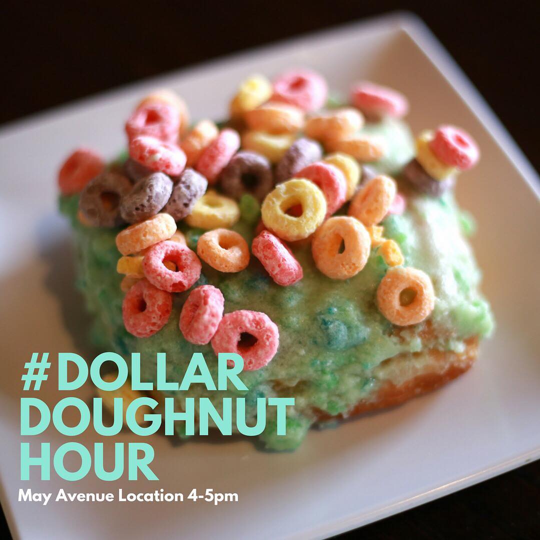 Get ready to celebrate #ddh from 4-5pm at the May Avenue location! 🎉 🍩 // #dollar #doughnut #hour #woah #need#want #havetohave #dollardoughnuthour#mayaveokc #okc
